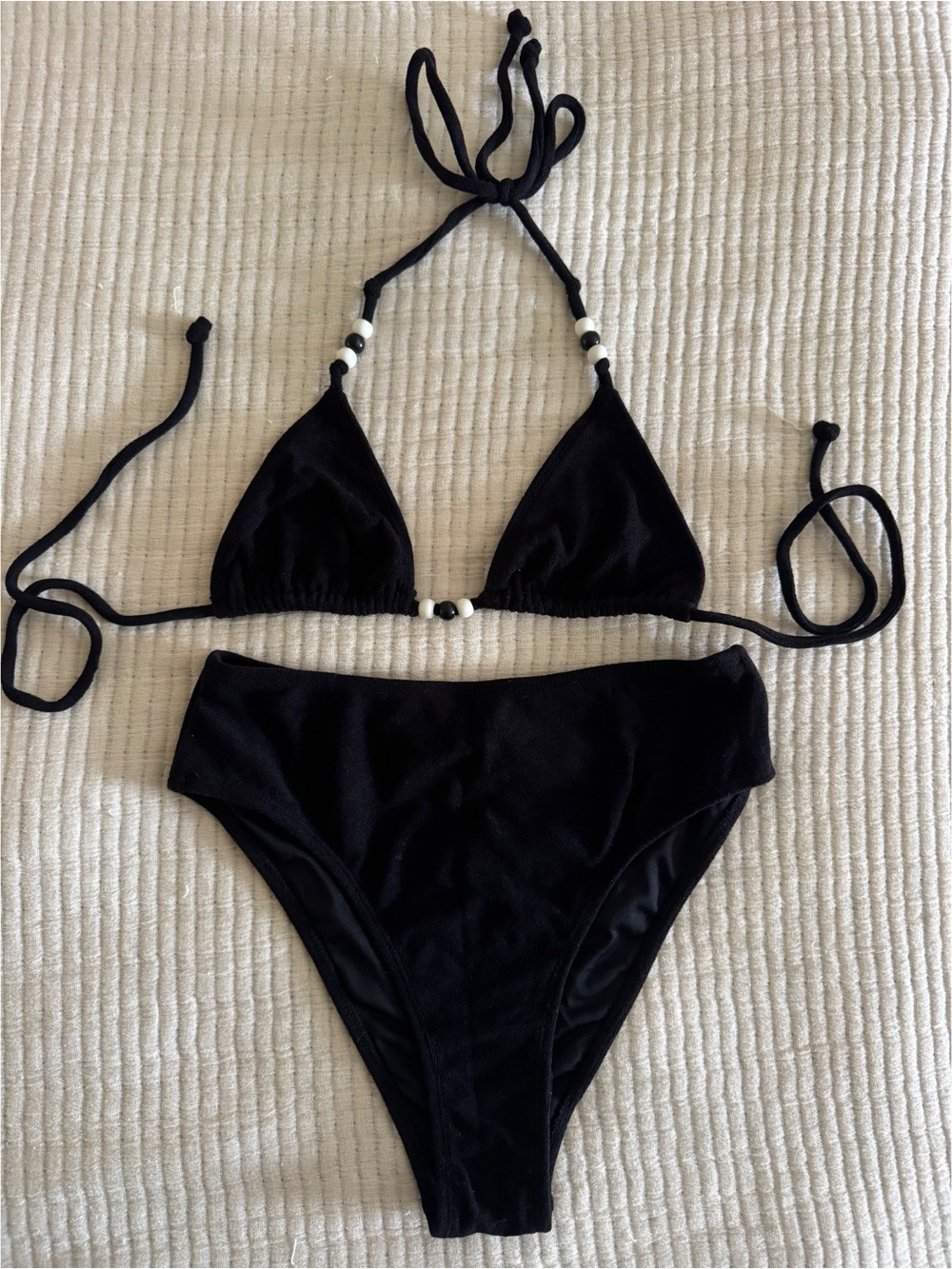 Faithfull the Brand Black Triangle String Bikini with Bead Accents
